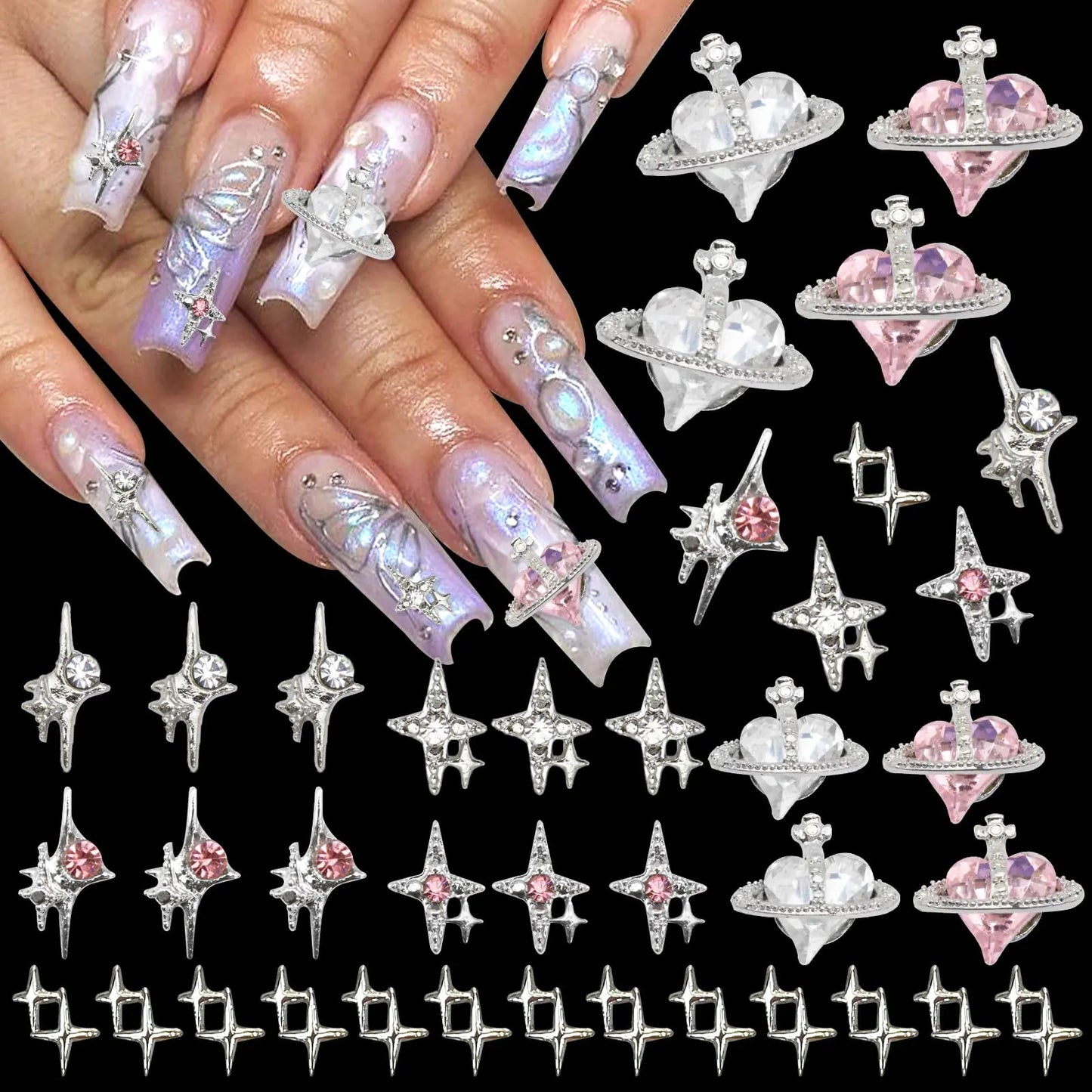 RODAKY 48PCS Y2K Nail Charms Pink Silver Starlight Nail Gems Jewelry Y2K 3D Nail Rhinestones Gems Charms for Acrylic Nails Cute Kawaii Nail Art Decoration Supplies for Manicure DIY