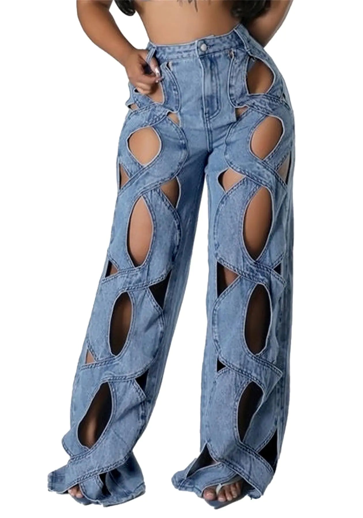 Womens High Waisted Jeans Y2K Trendy Hollow Out Criss Cross Wide Straight Leg Baggy Denim Pants