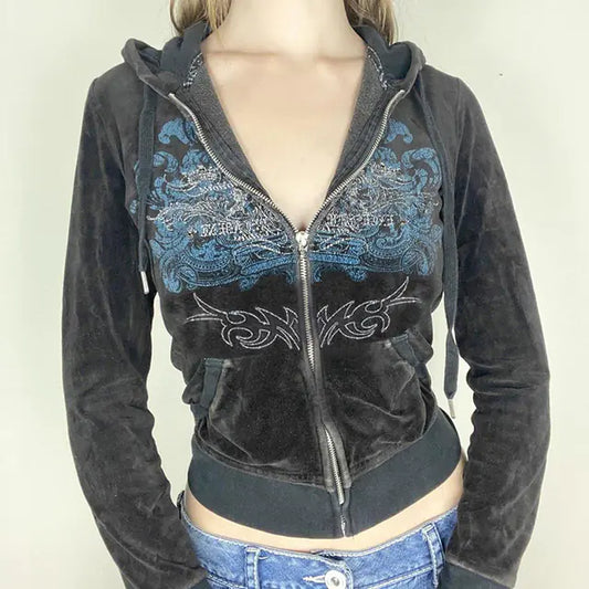 Y2K Vintage Slim Embroidery Zip-Up Hoodies Jacket