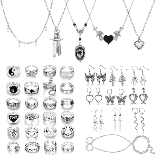 KISS WIFE Metal Punk Goth Horror Jewelry Set for Women Vintage Silver Necklaces Earrings Knuckle Rings and Chain Bracelet Set Goth Grunge Y2K Emo Jewelry Sets Party Costume Accessories Gifts