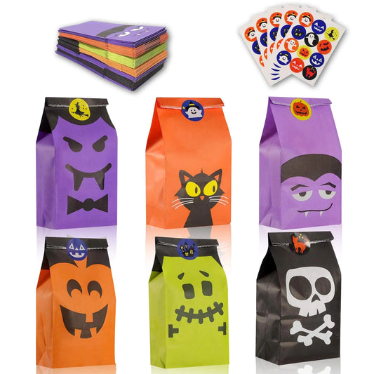 Mucinia 60PCS Halloween Candy Bags and 60PCS Halloween Treat Bag Stickers Paper Goodie Bags for Snacks Goody Treats Halloween Party Favors Decorations