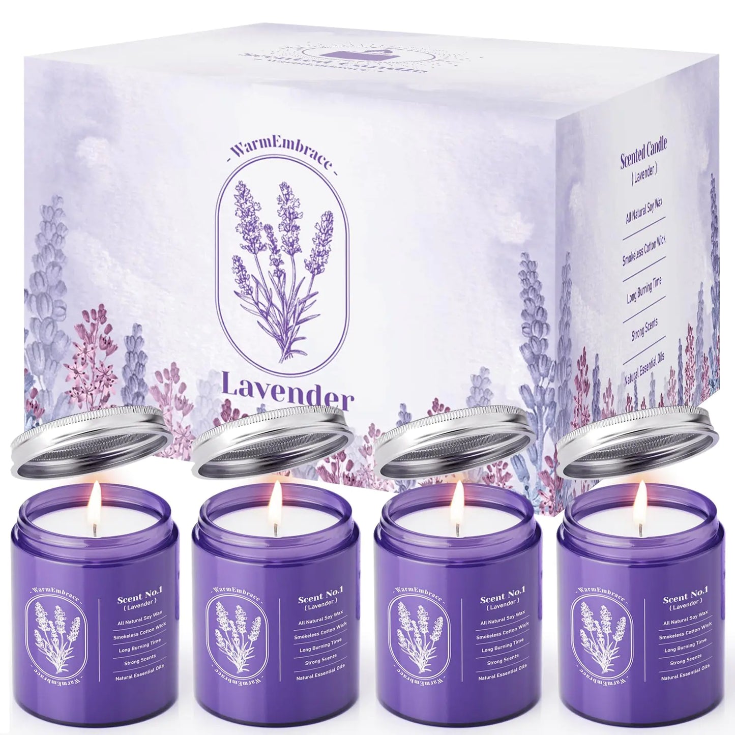 WarmEmbrace Lavender Candles for Home Scented 30.4 oz Aromatherapy Candle Purple Jar Candles Natural Candles for Women 160 Hour Long-Lasting Burn Scented Candles for Birthday - 4 Pack