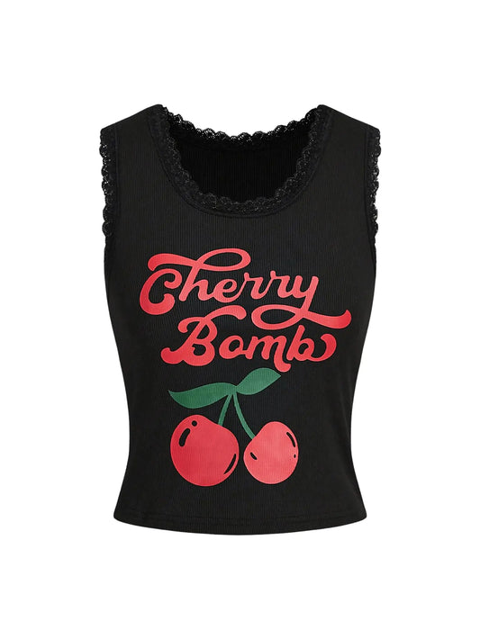 Verdusa Womens Y2K Sleeveless Round Neck Cherry Letter Print Tank Top Black Small