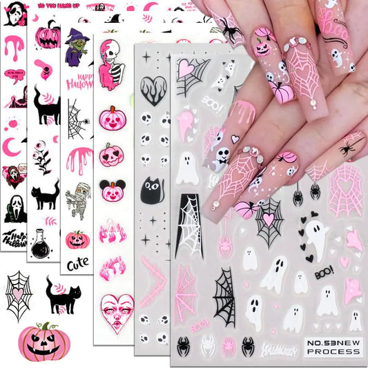 Halloween Nail Stickers Halloween Nail Art Decals 3D Self-Adhesive Pink Ghost Skull Spider Pumpkin Halloween Nail Design DIY Holiday Nail Decoration for Halloween Party (6 Sheets)