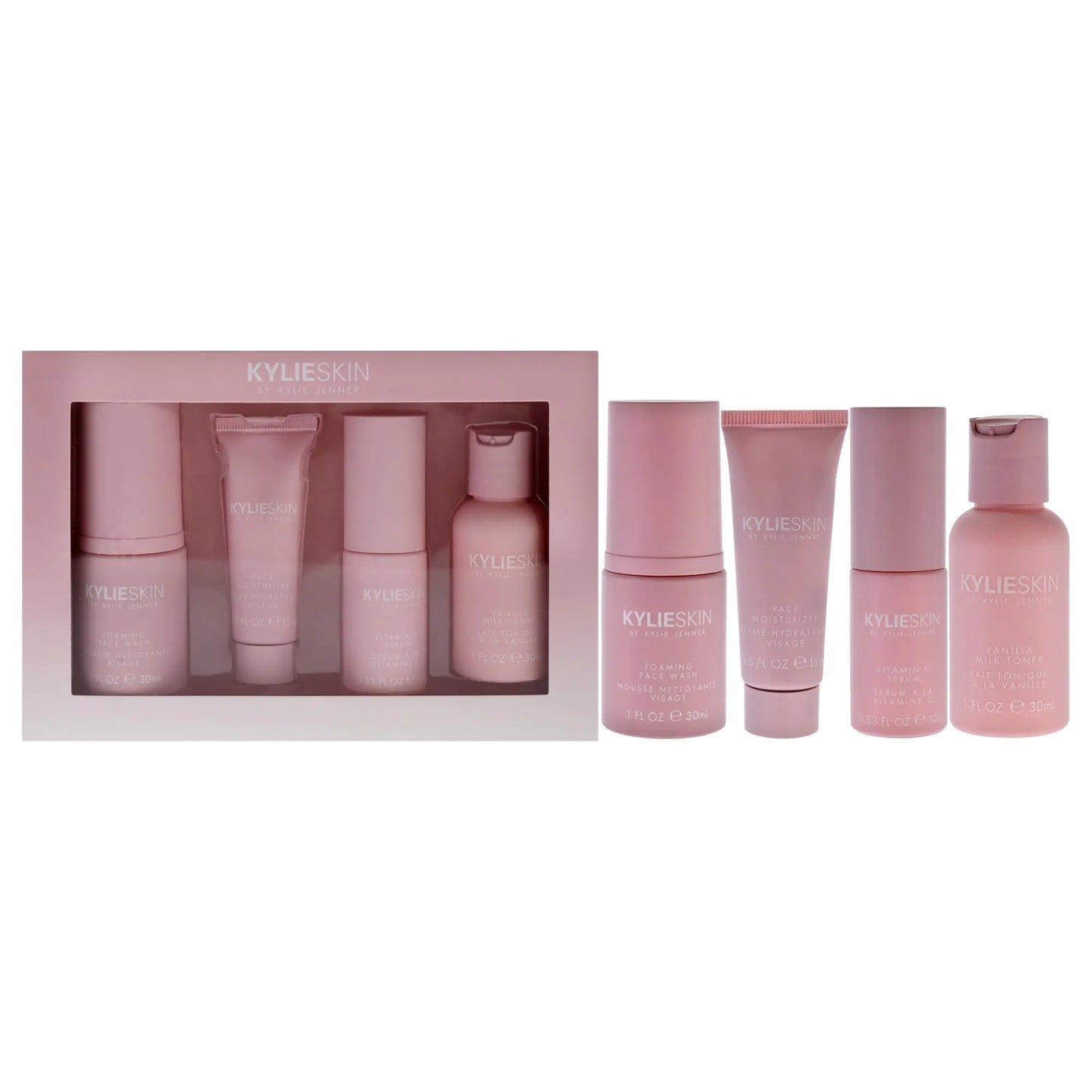 Skin Discovery Set by Kylie Cosmetics for Women - 4 Pc 1 oz Foaming Face Wash 0.5 oz Face Moisturizer 0.3 oz Vitamin C Serum 1 oz Vanilla Milk Toner